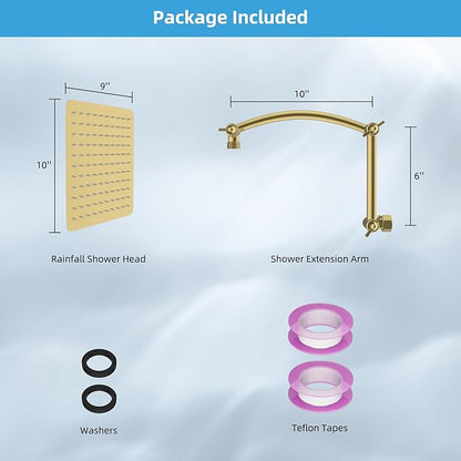 Hibbent All Metal cUPC Certified Rain Shower Head, 10'' High Pressure Rainfall Showerhead with 16" Shower Head Extension Arm, Brass Adjustable Shower Arm Extender, fixed Showerheads, Brushed Gold