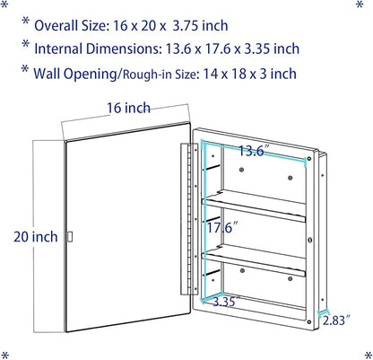 Plastic Medicine Mirror Cabinet for Bathroom 16 x 20 inch, Surface and Recessed Mount