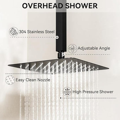 Shower Faucets Sets Shower System Matte Black, STARBATH 12" Ceiling Mount Rain Showerhead and 8" Wall Mounted Rainfall Shower for Couples, On Off Button Valve Dual Head Shower Systems Complete