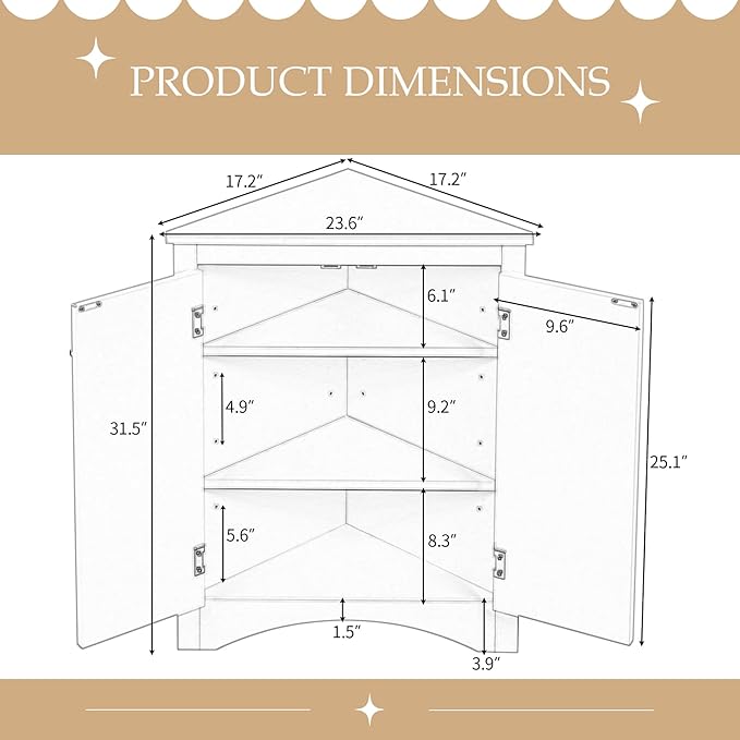 Corner Storage Cabinet with Adjustable Shelves, Triangle Bathroom & Kitchen Organizer, Freestanding Floor Cabinet for Toilet Kitchen Bathroom Cleaning Supplies (Gray)