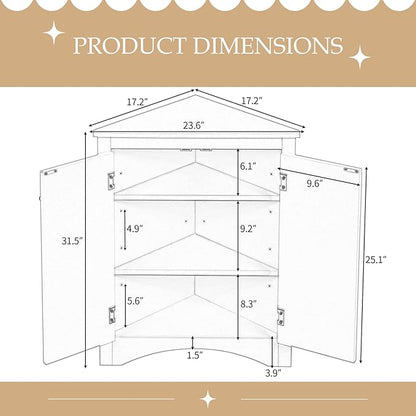 Corner Storage Cabinet with Adjustable Shelves, Triangle Bathroom & Kitchen Organizer, Freestanding Floor Cabinet for Toilet Kitchen Bathroom Cleaning Supplies (Gray)
