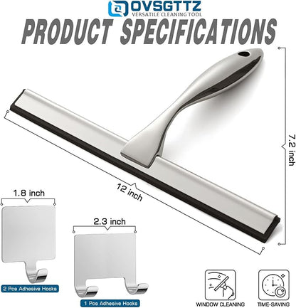 Stainless Steel Shower Squeegee for Glass, Includes 3 Adhesive Hooks, Shower Door Squeegee for Bathroom, Household Window, Car Windshield, Mirrors, Tiles Scrubber Clear, 12 inch, Silver