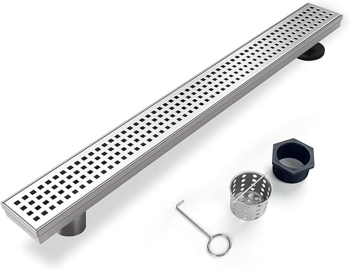 Offset Linear Shower Drain, Shower Drain 36 inch with Removable Grate Cover, Professional AISI 304 Stainless Steel Side Outlet Shower Floor Drain with Hair Catcher and Leveling Feet