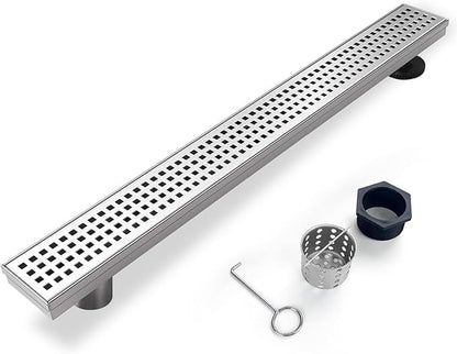 Offset Linear Shower Drain, Shower Drain 24 inch with Removable Grate Cover, Professional AISI 304 Stainless Steel Side Outlet Shower Floor Drain with Hair Catcher and Leveling Feet