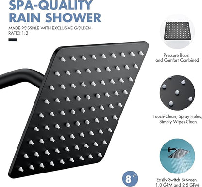 Rainfall Shower Head, MEDIOMI Rain Shower Head Set - Ultra-Thin Design High Flow Stainless Steel Large Square Rain Shower Heads with Shower Arm and Flange (8-Inch, Matte Black)