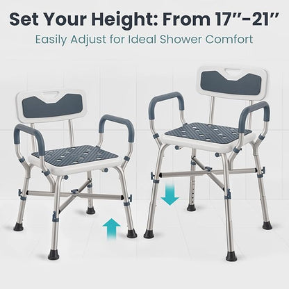 PELEGON Shower Chair for Elderly and Disabled (450lb) with Padded Armrests and Back, Adjustable Height Shower Seat, Heavy Duty Shower Chairs for Inside Shower, Handicap - Blue