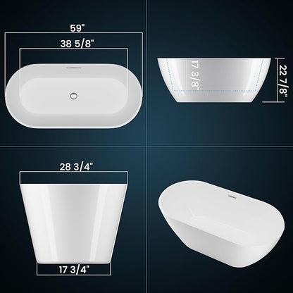 59 Inch Acrylic Freestanding Bathtub, Acrylic Soaking Bathtub with Matte Drain and Overflow, Deep Ergonomic Tub with Double-Walled Insulation, CUPC Certified, Modern Square Design