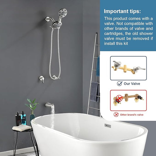 2 Handle Shower Faucet Set with Tub Spout Bathtub Shower Faucet Combo Set Shower System Complete Tub and Shower Trim Kit Brushed Nickel Wall Mounted Two Handles Shower Fixtures