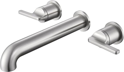 SITGES Solid Brass Wall Mount Tub Filler, 10" Long Spout Reach Wall Mount Bathtub Faucet with Two Lever Handles, High-End Design, High Flow Bathtub Faucet with Rough-in Valve Included,Brushed Nickel