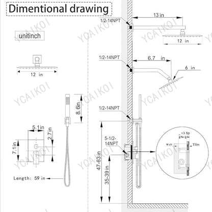 Shower Faucet Set Matte Black Shower System, Knob Switch Diverter Shower Faucet with High Pressure Handheld Spray, Wall Mount 12 Inch Shower Head with 6 Inch Wall Mount Shower Head