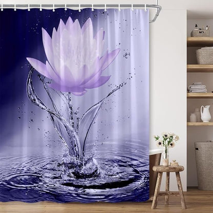 Lotus Shower Curtain Black White Violet Flower Elegant Blooming Floral with Dew Spring Flower Reflection on Water Modern Romantic Polyester Fabric Bathroom Decor 70×84 Inch with Hook