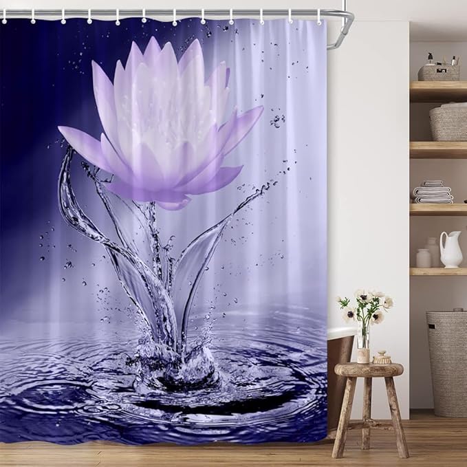 Lotus Shower Curtain Black White Violet Flower Elegant Blooming Floral with Dew Spring Flower Reflection on Water Modern Romantic Polyester Fabric Bathroom Decor 70×70 Inch with Hook