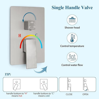 12 inch Square Shower Head and Handheld Set, Gasecoet Shower System with Tub Spout Wall Mounted Shower Faucet for Bathroom - Brushed Nickel (With Shower Valve)