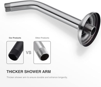 9 Inch Angled Shower Arm Brushed Nickel, Curved Shower Head Pipe with Flange, Bathroom Shower Neck Stainless Steel Wall Mounted Extension Extender Rain Rod
