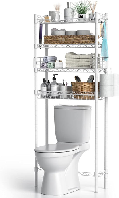 Over The Toilet Storage, Adjustable Bathroom Organizer Shelves Space Saver Over Toilet, Sturdy 4 Tier Above Toilet Storage Rack, Freestanding Over-The-Toilet Storage Shelf, White