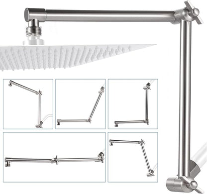 G-Promise 16 Inch Shower Head Extension Arm, Solid Brass Height & Angle Adjustable Extender, Rise or Lower Rainfall and Fixed Shower Head (Brushed Nickel)