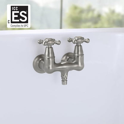 SUMERAIN Vintage Tub Faucet Wall Mount Tub Filler 3-3/8-Inch Center Two Cross Handles Brushed Nickel
