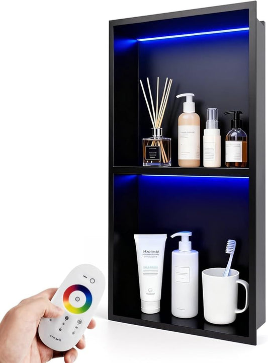 12" X 24" RGB LED Shower Niche No Tile Needed, 304 Stainless Steel Shower Niche Insert Tile Ready, Recessed Wall Shelf for Bathroom Storage Organizer with Remote Control, Matte Black