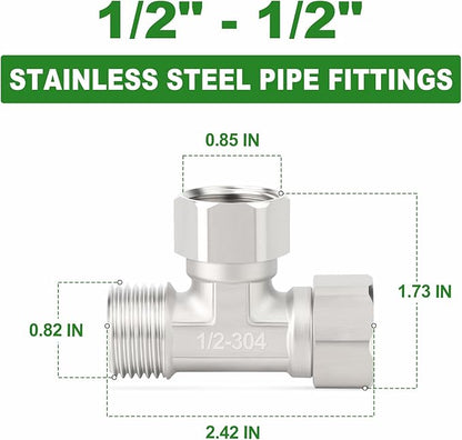 TAISHER 2PCS 304 Stainless Steel 3 Way Left&Top 2 Ends Flexible Movable Tee Connector, 1/2" Male for Sprayer, Angled Valve, Shower Arm