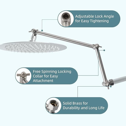 iFealClear All Metal 16" Shower Head Extension Arm, Solid Brass Shower Head Extender Adjustable Height Angle, G1/2 Universal Connection Stainless Steel Rain Showerhead Pipe, Lock Joint, Brushed Nickel