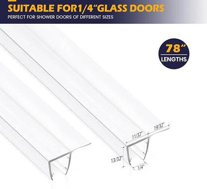 Shower Glass Door Side Seal, 2PCS 78 Inch Ultra Clear PVC Seal Strip with Long Sweep for 1/4"(6mm) Thick Framless Glass Door, to Stop Water Leakage