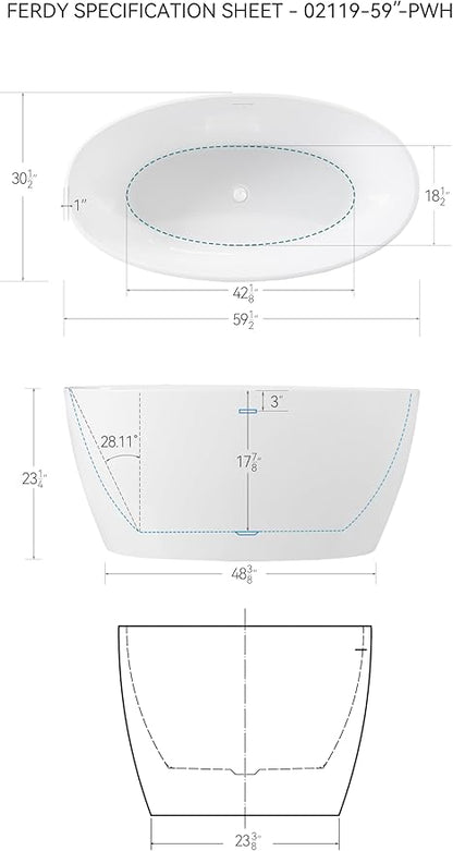 FerdY Tahiti 59" Acrylic Freestanding Bathtub, Elegant Oval Shape Bathtub, Glossy White, Polished White Drain & Integrated Slotted Overflow Assembly Included cUPC Certified
