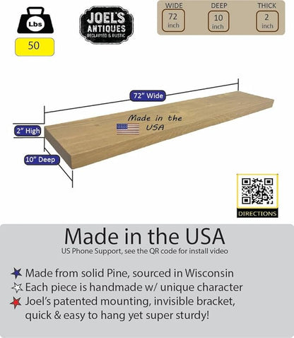 joelsantiques - 72 Inch Wooden Floating Shelves for Wall - 72x10x2 in - Made of Natural Wood - Long Heavy Duty Wall Shelves for Bedroom - Perfect for Living Room, Kitchen - Beige