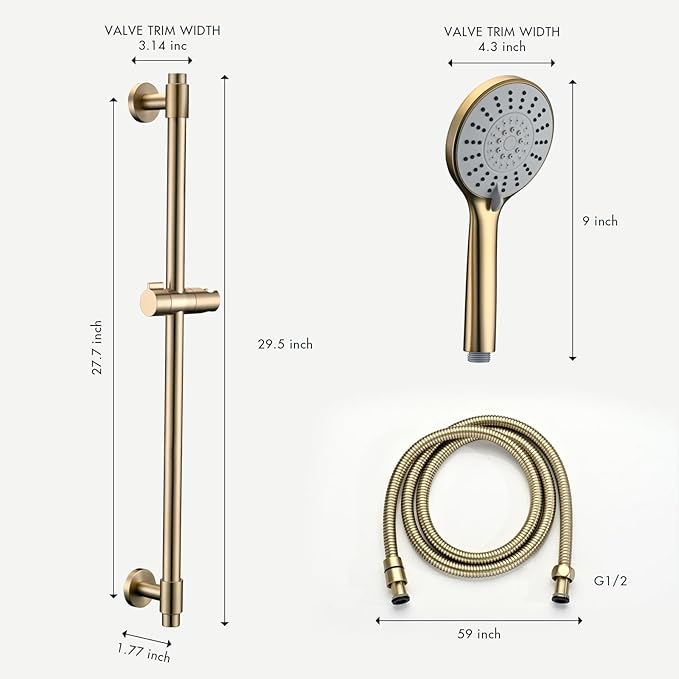 Adjustable Shower Slide Bar with 5-Function Handheld Shower Head, Stainless Steel Grab Slide Bar Combo with Extra Hose (Brushed Gold)