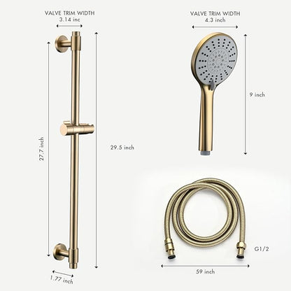 Adjustable Shower Slide Bar with 5-Function Handheld Shower Head, Stainless Steel Grab Slide Bar Combo with Extra Hose (Brushed Gold)