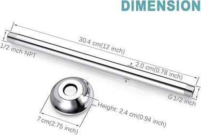 BESTILL 12 Inch Ceiling Mount Rain Shower Head Arm and Flange, Chrome