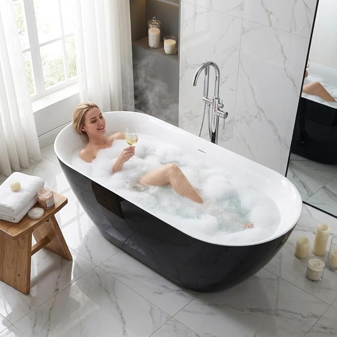 Bathtub with Upturned Ends, CUPC Chrome Drain and Overflow, White Interior and Black Exterior, Built-in Overflow, Fiber-Coated Fixing Bracket