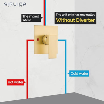 Airuida Square Single-Function Brass Faucet Shower Rough-in Valve Male Thread Bathroom Trim Kit Single Handle Tub Shower Valve 4.3 Inch Cover Plate Brushed Gold