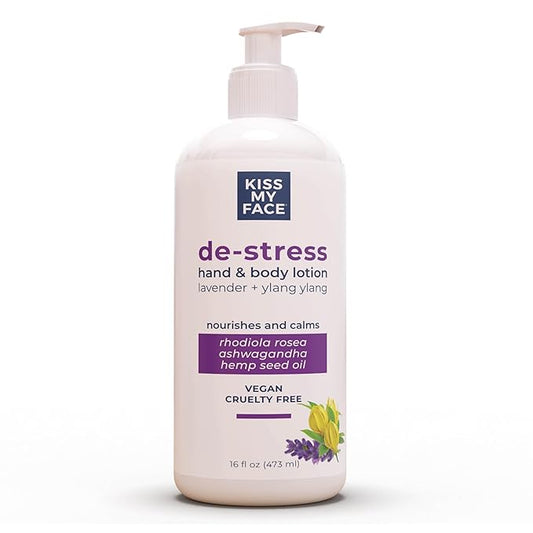 Kiss My Face De-Stress Hand & Body Lotion Lavender + Ylang Ylang - Cruelty-Free and Vegan Lotion for Dry Skin - 16 oz Bottle with Pump (Lavender & Ylang Ylang, Pack of 1)