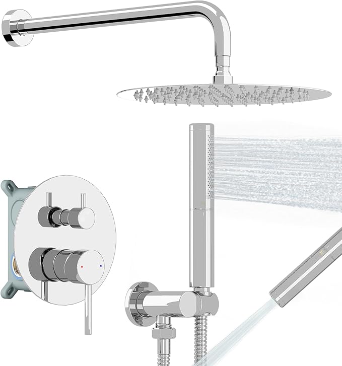 BESy Shower System with 10 Inch Round Rain Shower Head and Handheld Wall Mounted, High Pressure Rainfall Shower Faucet Fixture Combo Set with 2 in 1 Handheld Showerhead for Bathroom, Polished Chrome