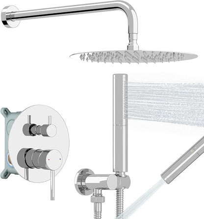 BESy Shower System with 10 Inch Round Rain Shower Head and Handheld Wall Mounted, High Pressure Rainfall Shower Faucet Fixture Combo Set with 2 in 1 Handheld Showerhead for Bathroom, Polished Chrome