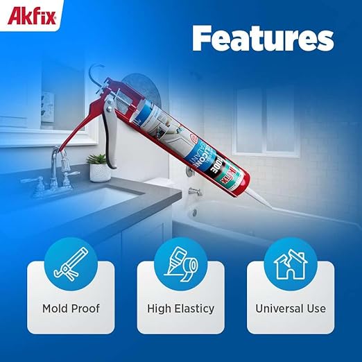 Akfix 100E RTV Black Silicone Caulk (48x10.1 fl.oz.) - 100% Waterproof Silicone Sealant for Kitchen and Bathroom, Shower, Toilet, Sink, Window and Door, No Yellowing | Black, 48 Pack