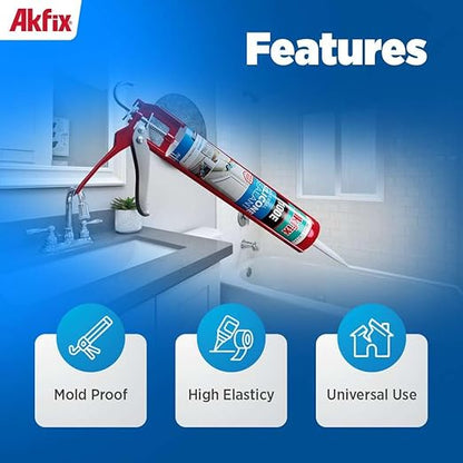 Akfix 100E RTV Gray Silicone Caulk (2x10.1 fl.oz.) - 100% Waterproof Silicone Sealant for Kitchen and Bathroom, Shower, Bathtub, Toilet, Sink, Window and Door, No Discoloring | Grey, 2 Pack