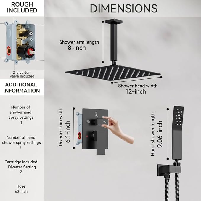 Shower Faucet Set Matte Black Shower System, Starbath 12" Rain Shower Head and Handheld Spray Shower Set Complete Ceiling Mounted,2 Way Pressure Balance Shower Valve and Trim Kit Included