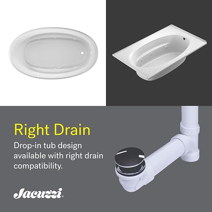 Jacuzzi SIGNATURE Acrylic Drop-In Bathtub, Heated Jet Massage Tub, Slip Resistant, Right Drain Placement, 59" (L) x 41" (W), Oval, White