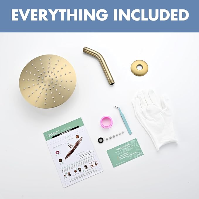 Rainfall Shower Head, MEDIOMI Rain Shower Head Set - Ultra-Thin Design High Flow Stainless Steel Large Round Rain Shower Heads with Shower Arm and Flange (8-Inch, Brushed Gold)