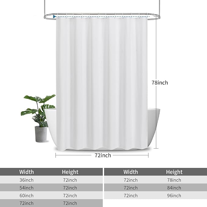 2-in-1 Waterproof Long Fabric Shower Curtain or Liner,Linen Textured,78 Inch Breathable TPU & Washable Bathroom Shower Curtain Set with 12 Plastic Hooks,Modern,72"x78",White