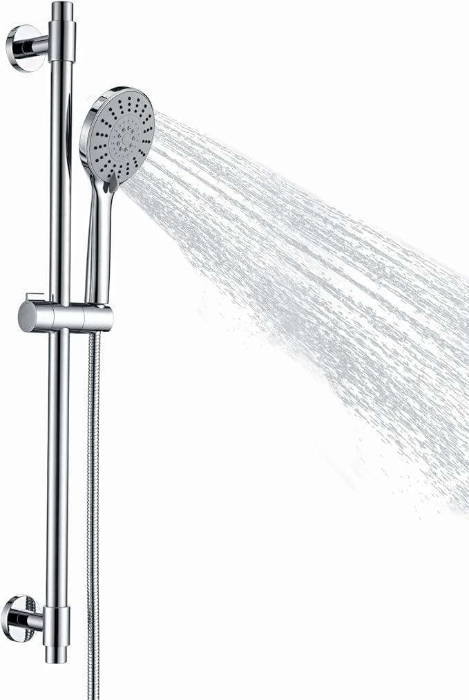 Adjustable Shower Slide Bar with 5-Function Handheld Shower Head, Stainless Steel Grab Slide Bar Combo with Extra Hose (Chrome)