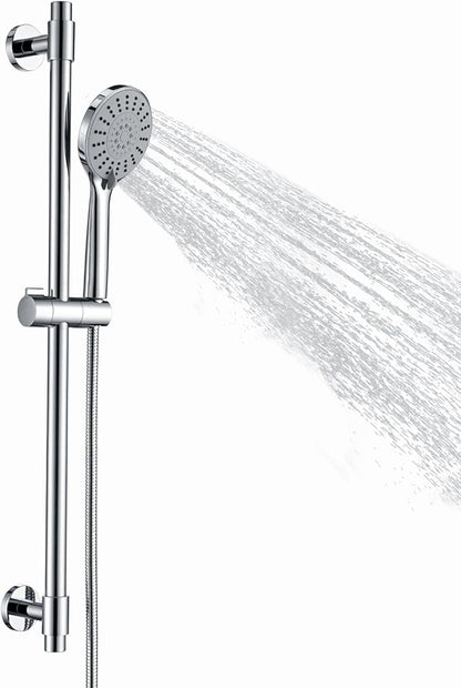 Adjustable Shower Slide Bar with 5-Function Handheld Shower Head, Stainless Steel Grab Slide Bar Combo with Extra Hose (Chrome)