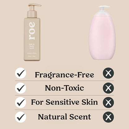 Roe Wellness- Toddler & Baby Body Wash & Shampoo Moisturizing Clean Ingredients | Suitable for Sensitive Skin, Fragrance-Free, Natural Vanilla Scent, Fresh Cleaning | 9.4 fl oz.