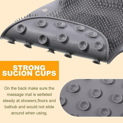 Shower Foot & Back Scrubber, Massage Pad with Suction Cups & Pumice Stone, Multi-Surface Silicone Bath Mat for Exfoliating and Massaging in Shower or Bathtub, 9.8x11.8 Inch (Gray)