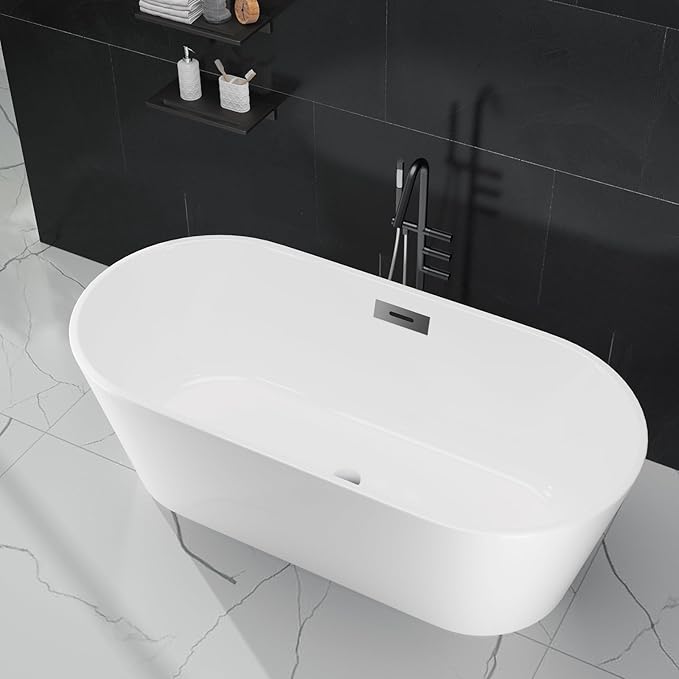 59 in Acrylic Freestanding Bathtub, Contemporary Stand Alone Tub,Glossy White Soaking Tub, Oval Bathtub with Chrome Overflow and Drain,CUPC Certified