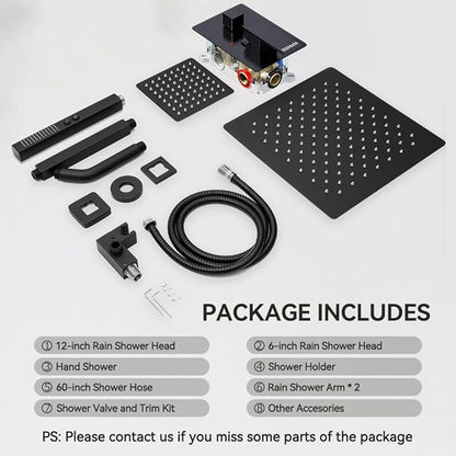 Shower Faucet Set, 12" Rain Shower System with Handheld and Ceiling Mount 6" Rainfall Shower Head, Can Use 2 Modes Together for Two People, 3 Way Shower Valve with 5 Diverter Complete, Matte Black