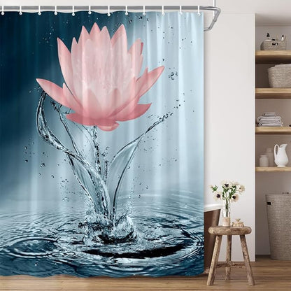 Lotus Shower Curtain Blue Red Flower Elegant Blooming Floral with Dew Spring Flower Reflection on Water Modern Romantic Polyester Fabric Bathroom Decor 36×70 Inch with Hook