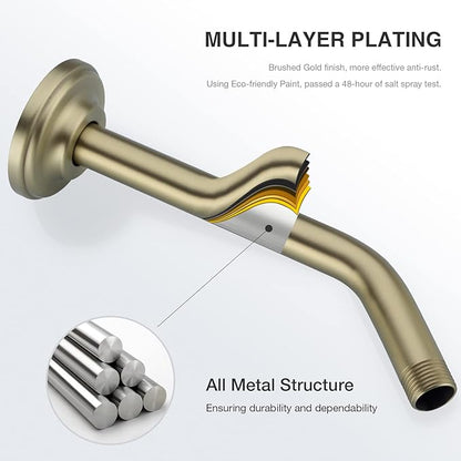 9 Inch Angled Shower Arm with Flange,Wall-Mounted Heavy Duty Stainless Steel, Shower Head Extension Extender Pipe Arm, For Fixed Bathroom Shower Head,Brushed Gold