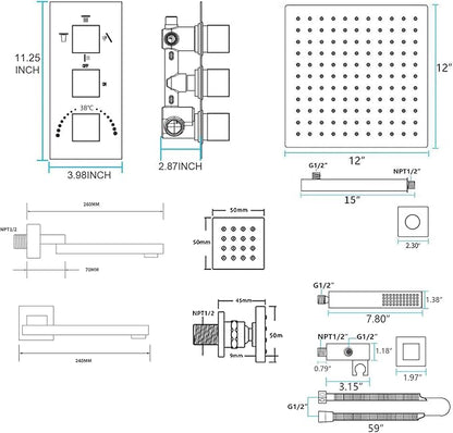 Thermostatic Shower System Chrome Shower Faucet Set 4 Way Bathtub Shower System with 12 inch LED Shower Head,6 PCS Body Jets,Tub Spout,Handheld Shower Head